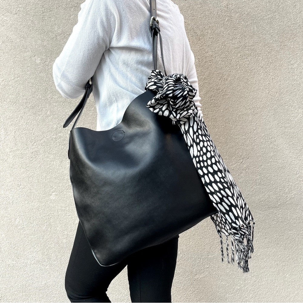 Co-Lab Black Leather Tote w/Adjustable Buckle Strap and Detachable Pouch & Scarf